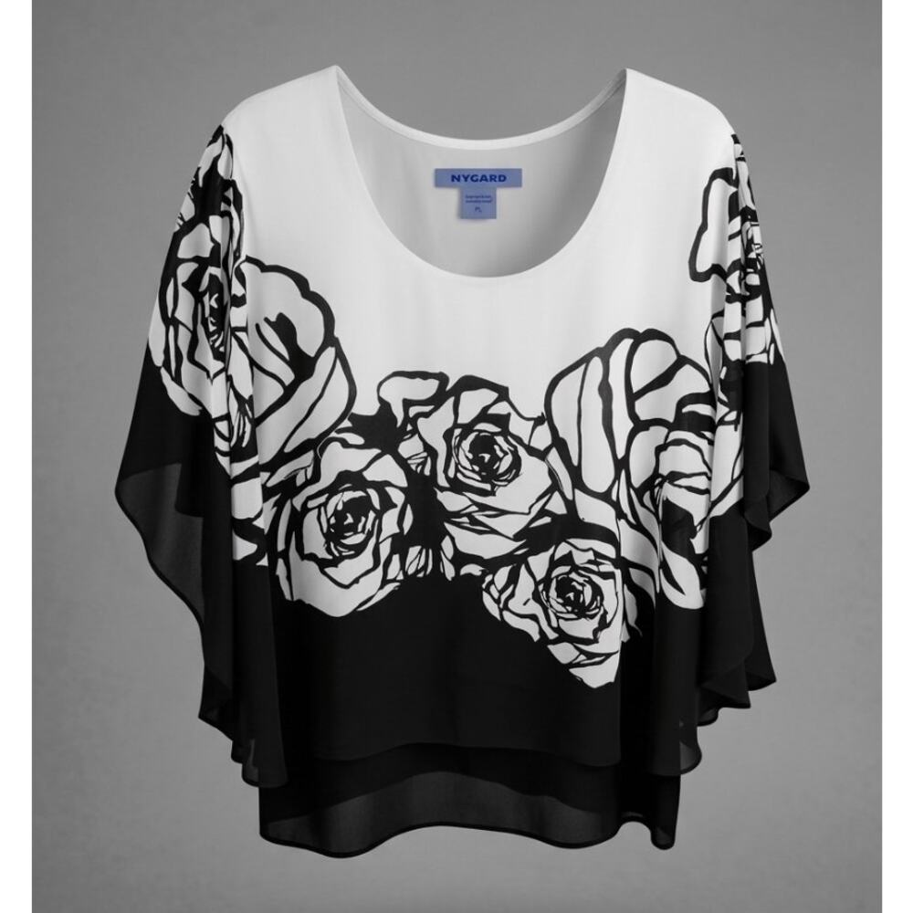 Nygard | Floral Print Overlay Shirt | Jersey &Chiffon Poncho-Style Top | Size PL